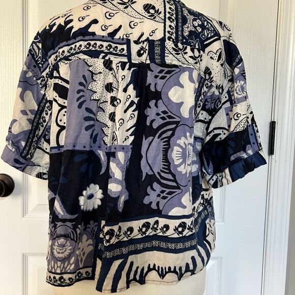Christian Siriano Women’s Blue Floral Short Sleeve Linen/Rayon Shirt Size Small - Picture 4 of 10